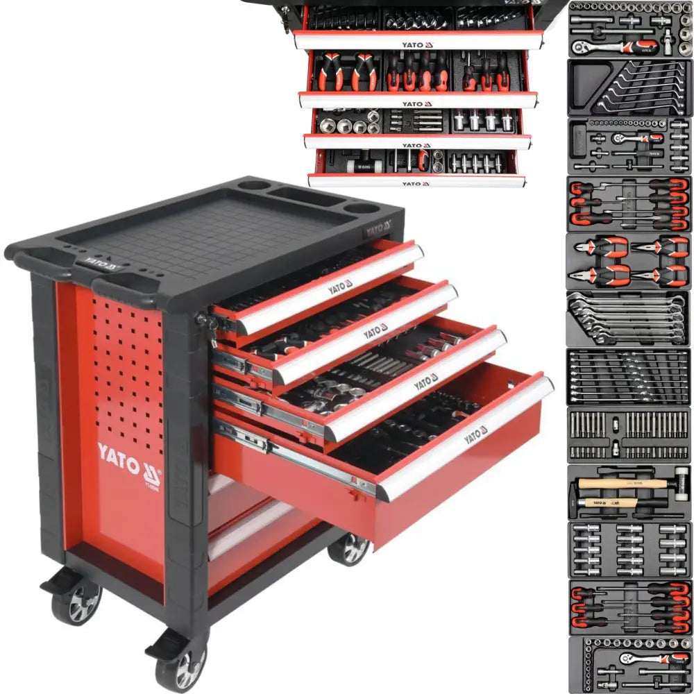 Yato verkstedvogn i rødt og svart, fire åpne skuffer med verktøy og detaljerte bilder av verktøyinnsatser.
