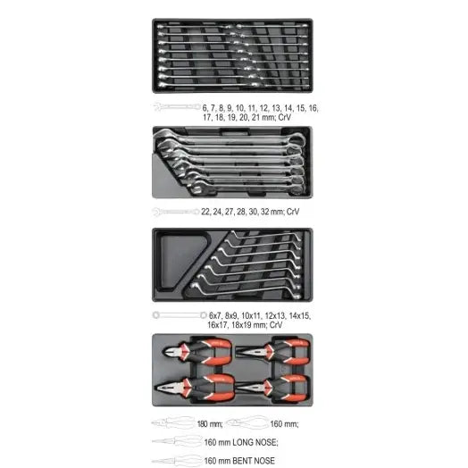 Yato verkstedvogn, fire sett håndverktøy i svarte innlegg sett ovenfra, stålverktøy med røde og sorte håndtak.