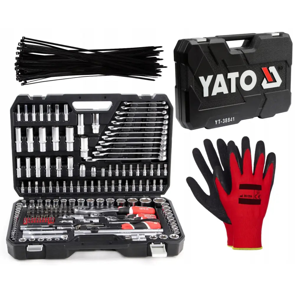 Yato verktøykasse med 216 deler, åpen koffert viser sortiment av verktøy, strips og røde hansker.