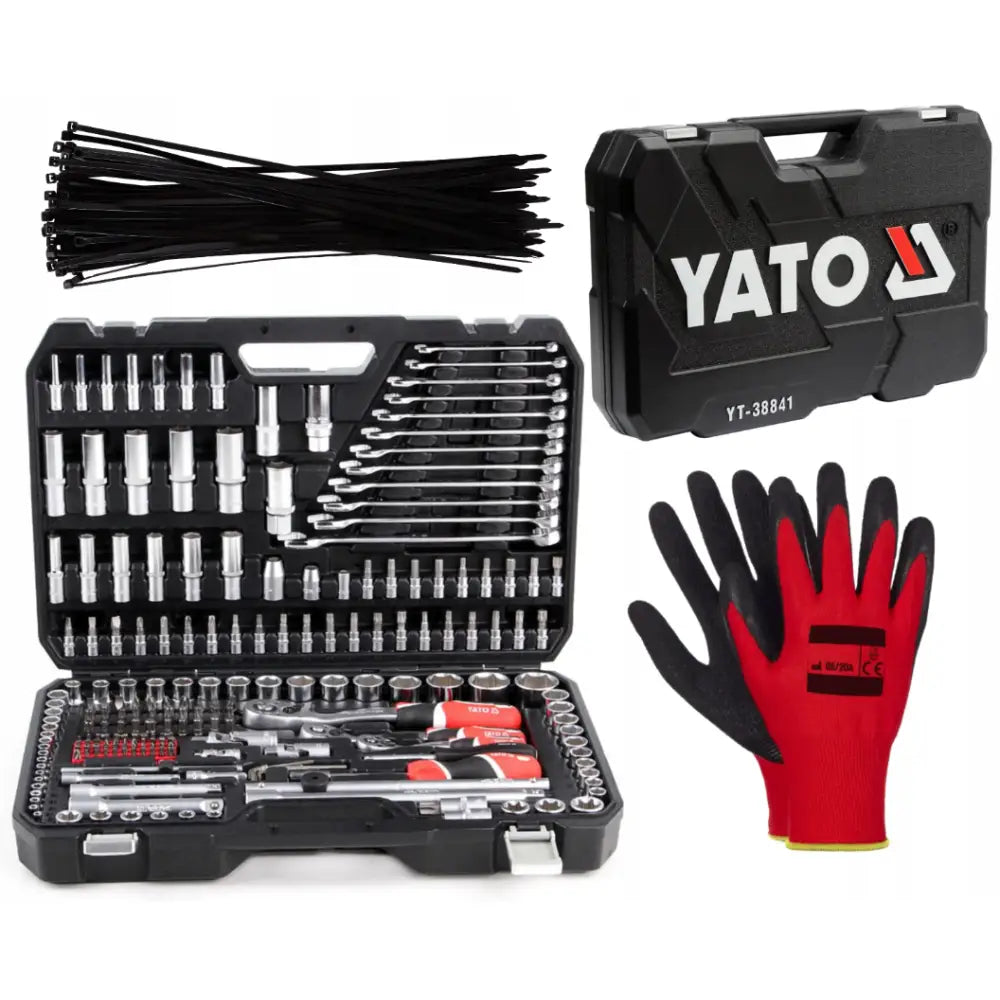 Yato verktøykasse åpen med piper, skralle, nøkler, sorte strips og røde arbeidshansker synlig.