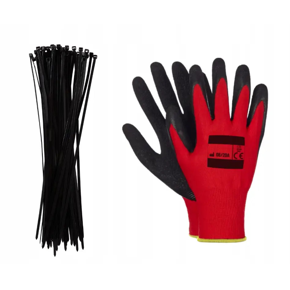 Røde hansker med svarte fingertupper og en bunt sorte strips, sett fra oversiden på hvit bakgrunn.