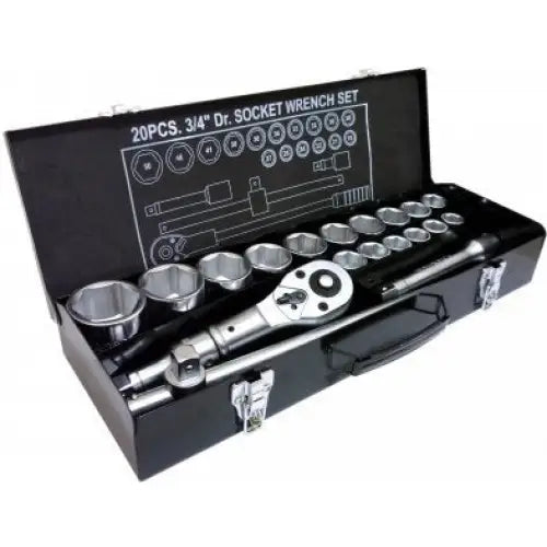 Yato verktøysett 3/4'', 20 deler i åpen sort koffert med pipenøkler og tilbehør, sett skrått ovenfra.