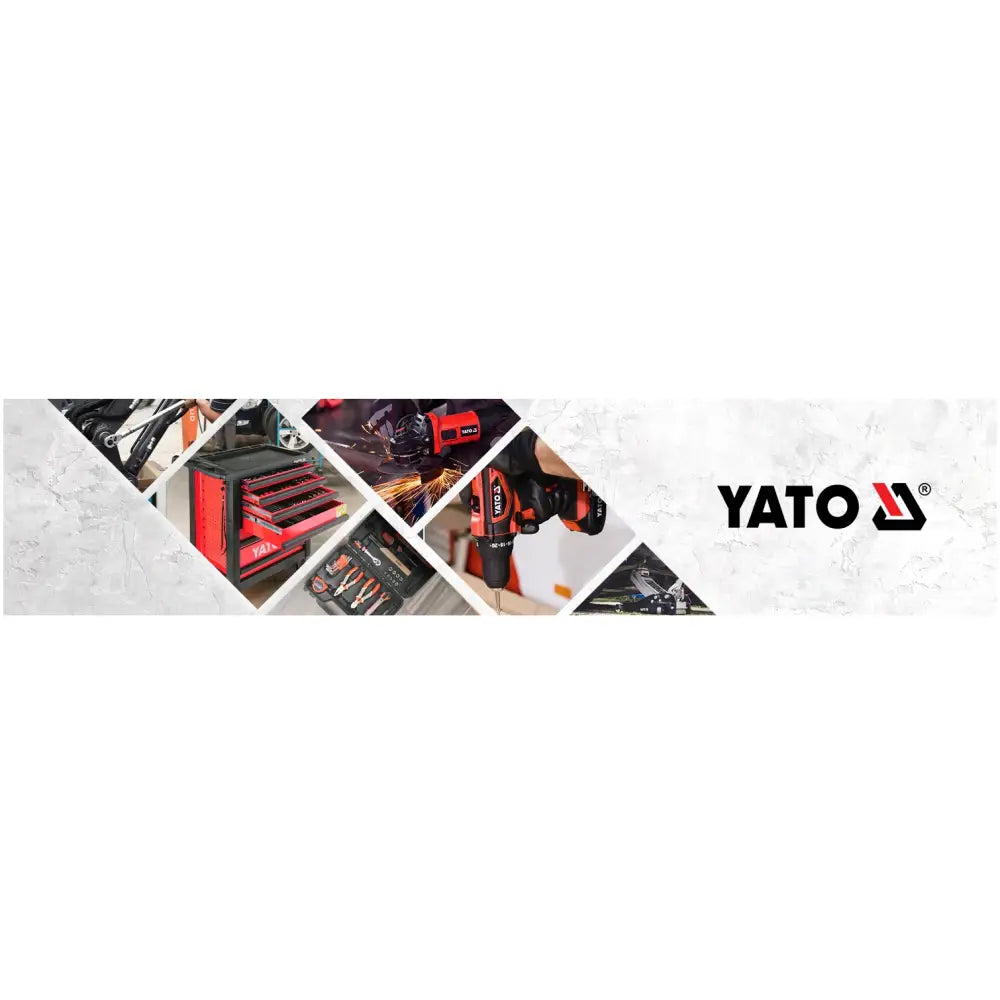 Yato verktøysett, nærbilde av skuffesystem, batteridrill og håndverktøy med rød og svart design.