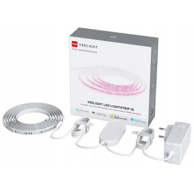 Yeelight 1S Smart LED-strip, komplett med strømadapter og kontrollenhet foran original emballasje.