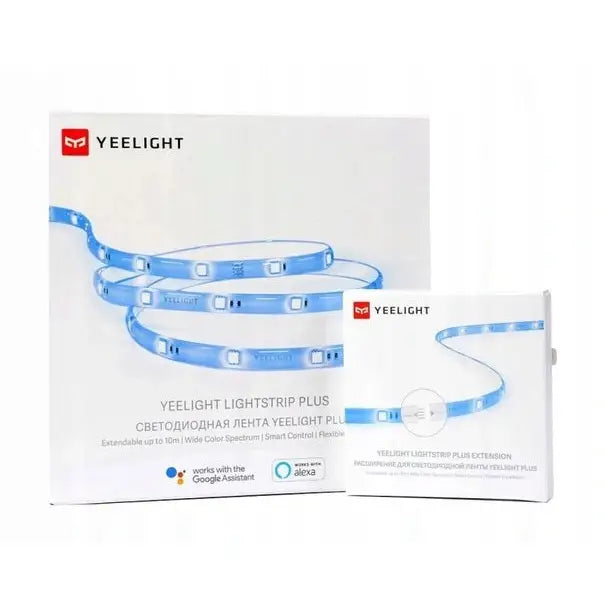 Yeelight Lightstrip Plus LED-stripe, to esker med blå lyslist illustrert på hvit bakgrunn.