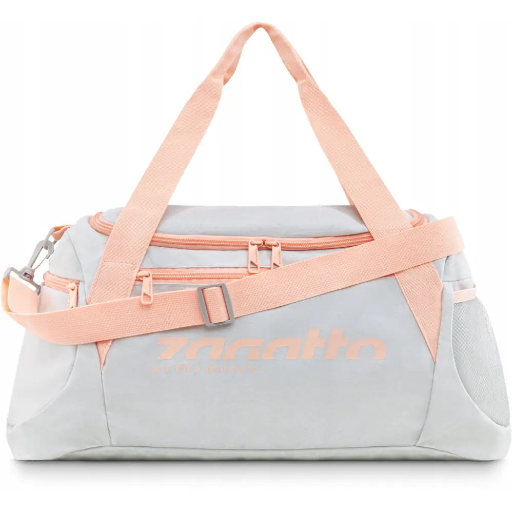 Zagatto Sporty treningstaske for kvinner i lys grå med rosa detaljer, frontvisning og synlig nettinglomme.