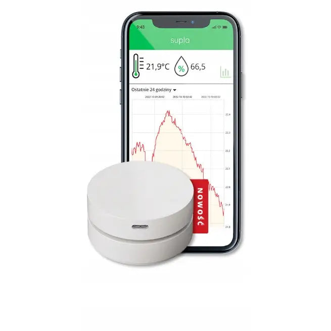 Zamel Supla temperatur- og fuktighetssensor foran mobilskjerm med app som viser måleverdier og graf.