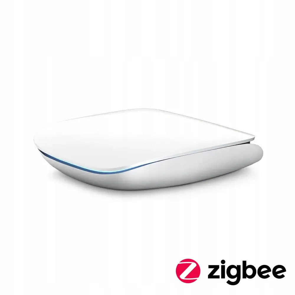 Zigbee-port 30 Lan RJ45 sentralstasjon, hvit enhet med blå LED-linje og Zigbee-logo, skrå vinkel.