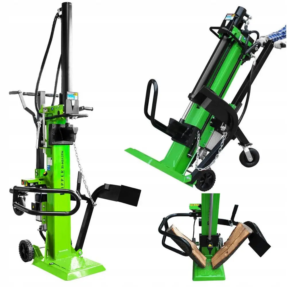 ZIPPER vedkløyver 14T, grønn metallmodell med store håndtak, hjul og sikkerhetsbøyler, vist i bruk med vedkubbe.
