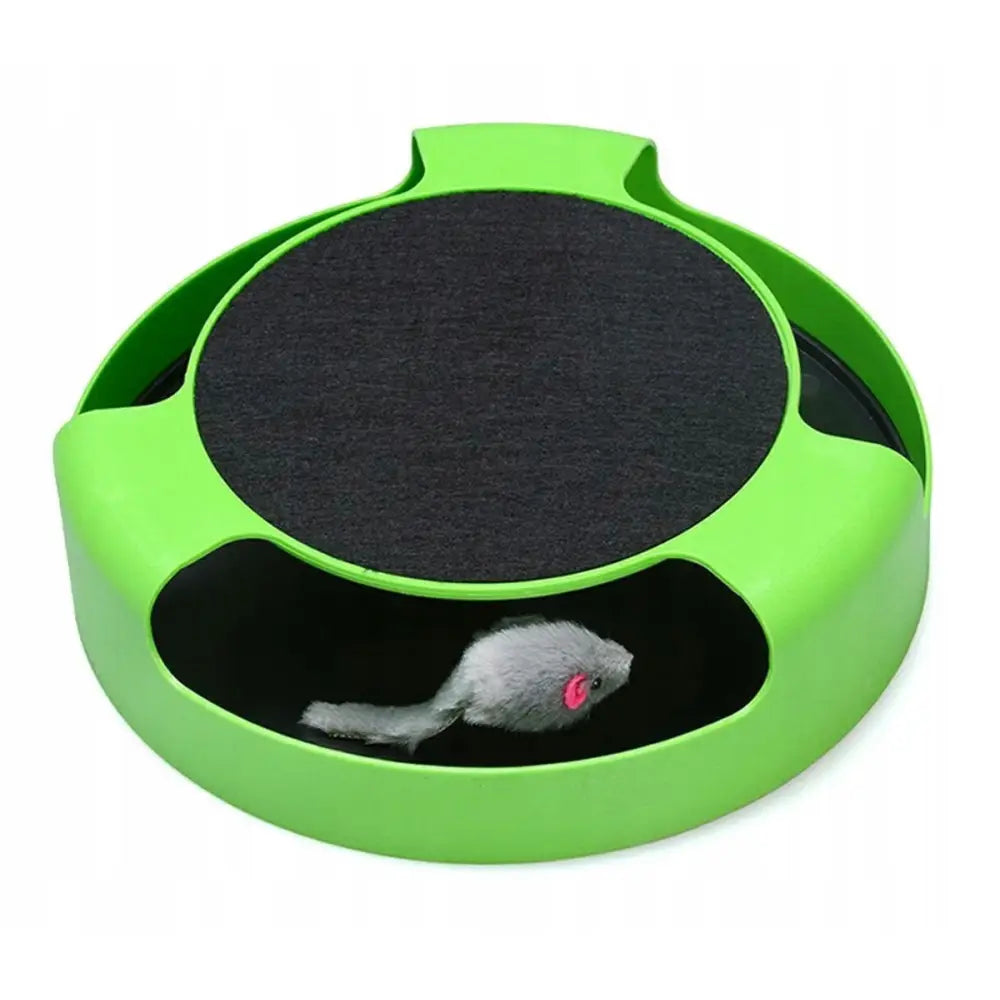 Zw11 leketøy for katt, grønn rund aktivitetsleke med svart filtmatte og grå plysjmus synlig gjennom sideåpning.