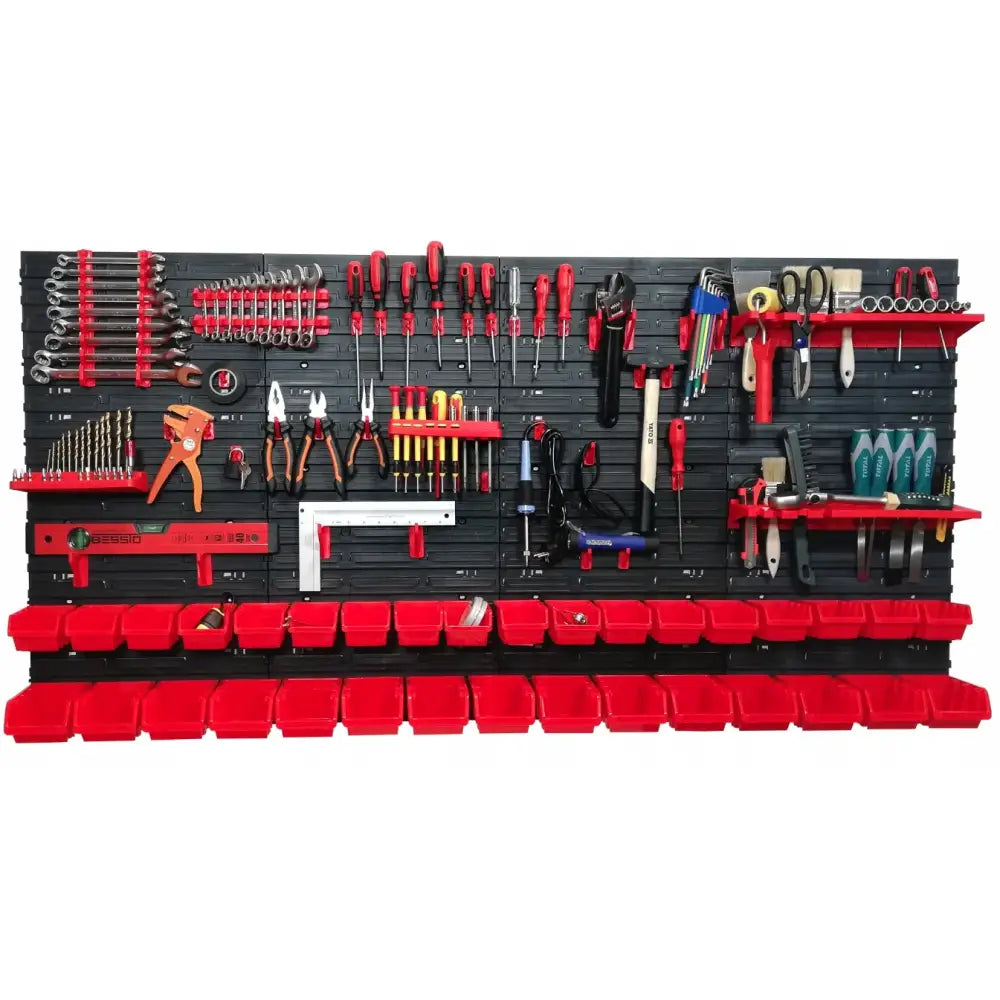 Verktøytavle 160x80 cm i svart plast, frontvisning med røde bokser og sortert håndverktøy som skrutrekkere og tenger.