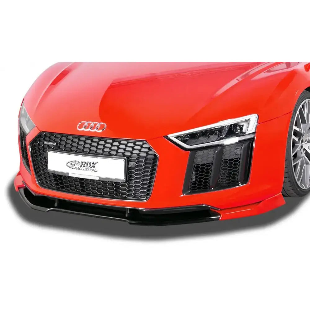 Audi R8 06-15 - Deler Og Tilbehør, nærbilde av rød bil med sort grill, LED-frontlykter og blanke kromdetaljer.