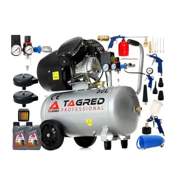 Kompressor, stor sølvfarget maskin med hjul, tilkoblet slanger, måleinstrumenter og blå samt svarte tilbehørsdeler.