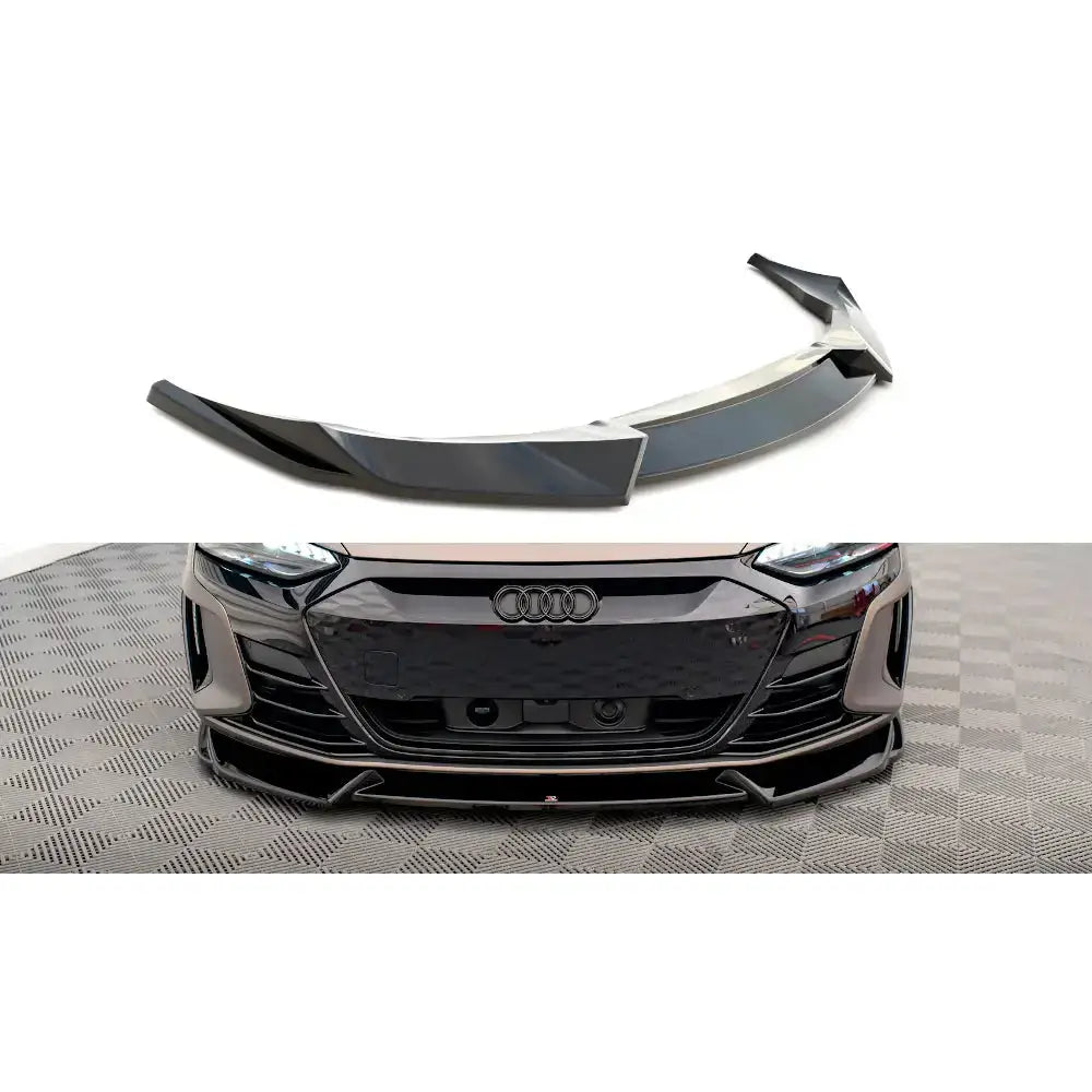 Audi e-Tron GT 21- - Deler Og Tilbehør, sort plastfrontsplitter vist både løst og montert foran på Audi e-Tron GT.