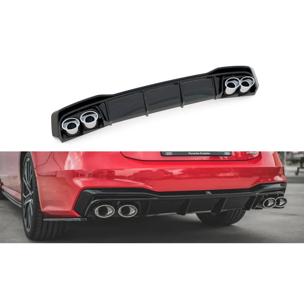 Audi A7 (C8) 18- - Deler Og Tilbehør, svart bakre diffuser med fire eksosuttak montert på rød sportslig bil.