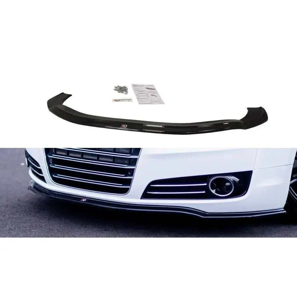Audi A8 (D4) 09-17 - Deler Og Tilbehør, sort frontleppespoiler med monteringssett montert på hvit bilfanger.