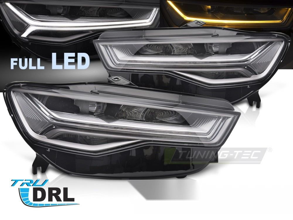 Frontlykter Full LED til Audi A6 C7 14-18 – komplett par sett forfra på hvit bakgrunn