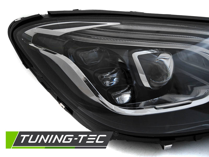 Frontlykter LED Black til Mercedes W222 13-17 sett rett forfra på hvit bakgrunn.