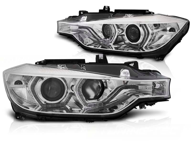 Frontlykter Angel Eyes Yellow LED DRL Chrome til BMW F30/F31 11-15 sett rett bakfra på hvit bakgrunn.