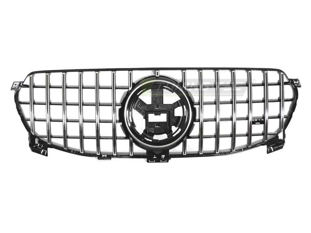 Detaljbilde av Grill Mercedes GLE W167 19-23 sort/krom med GT-mønster og emblemfeste.