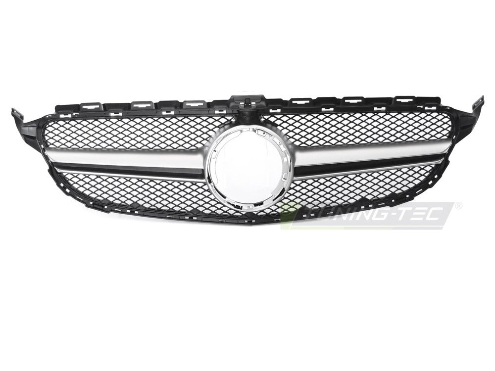 Detaljbilde av Grill C-Klasse W205 18-23 sort/sølv med lamellstruktur og emblemfeste.