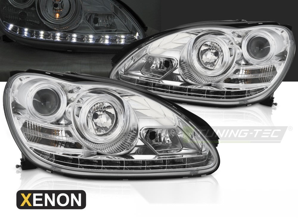 Nærbilde av detaljer på frontlykter til Posisjonslys Krom Mercedes W220 02-05