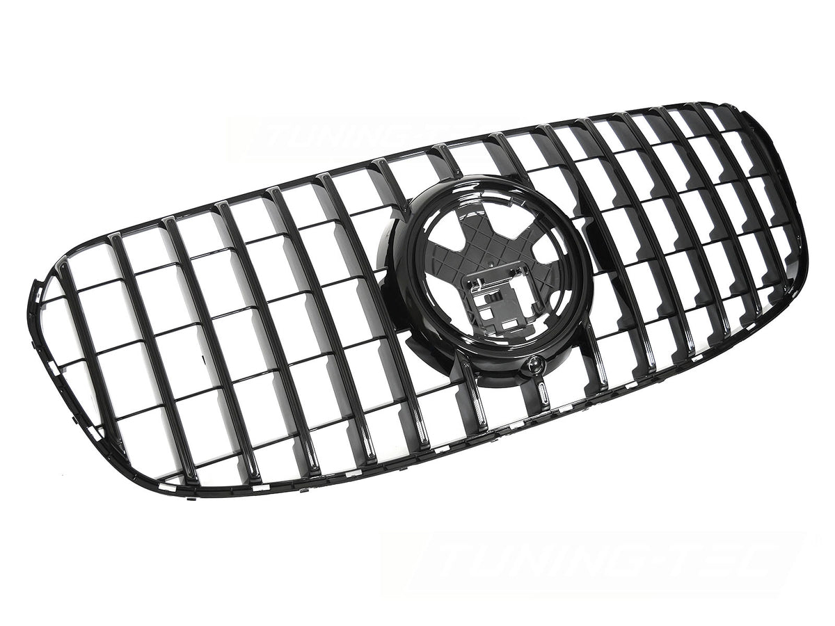 Grill GT Style til Mercedes GLS X167 23 i blank sort sett rett forfra på hvit bakgrunn.