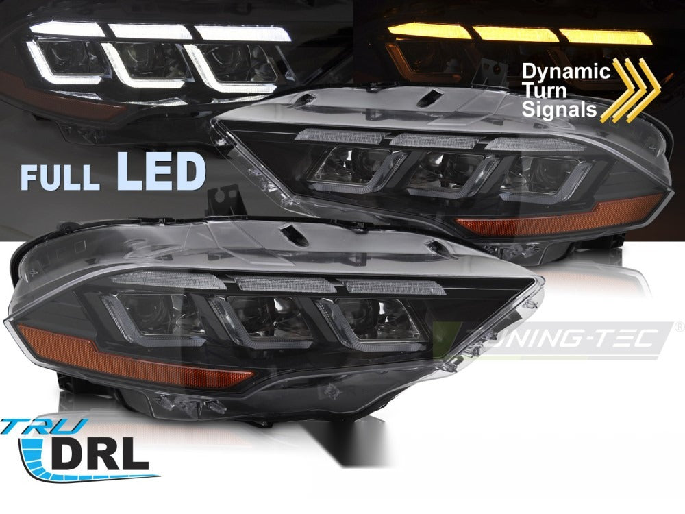 Detaljbilde av frontlykter Ford Mustang 18-22 med detaljer.
