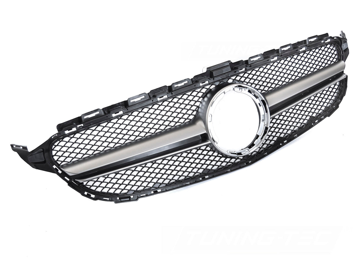 Grill til Mercedes C-Klasse W205 18-23 i sort/sølv sett rett forfra på hvit bakgrunn.