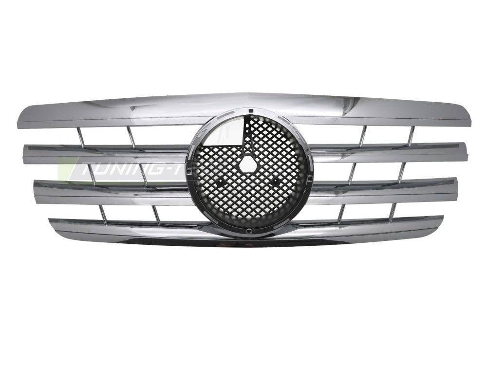 Detaljbilde av Grill E-Klasse W210 99-03 krom med lamellstruktur og emblemfeste.
