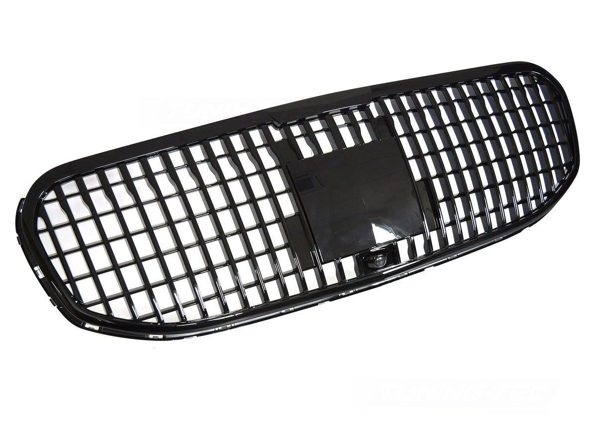 Grill til Mercedes GLS X167 19-23 i blank sort sett rett forfra på hvit bakgrunn.