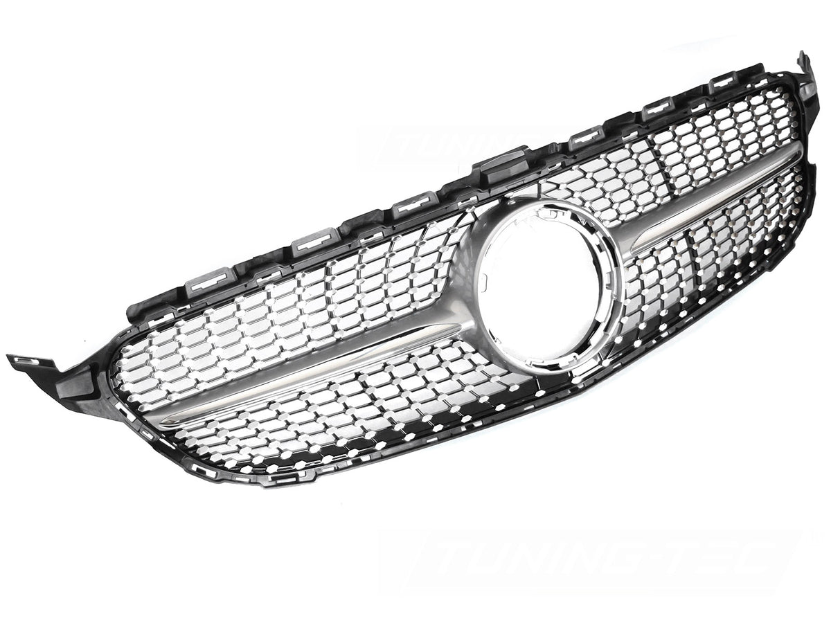 Grill til Mercedes C-Klasse W205 18-23 i sølv/krom sett rett forfra på hvit bakgrunn.