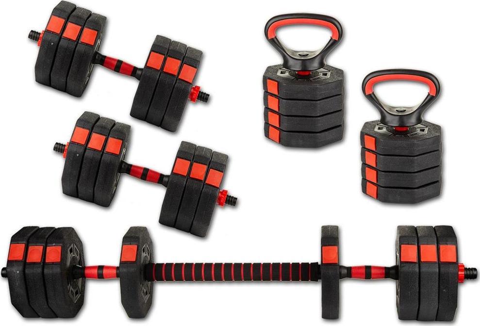 Hantler, kettlebells og vektstang i sort og rødt med firkantede vektplater, sett skrått ovenfra.