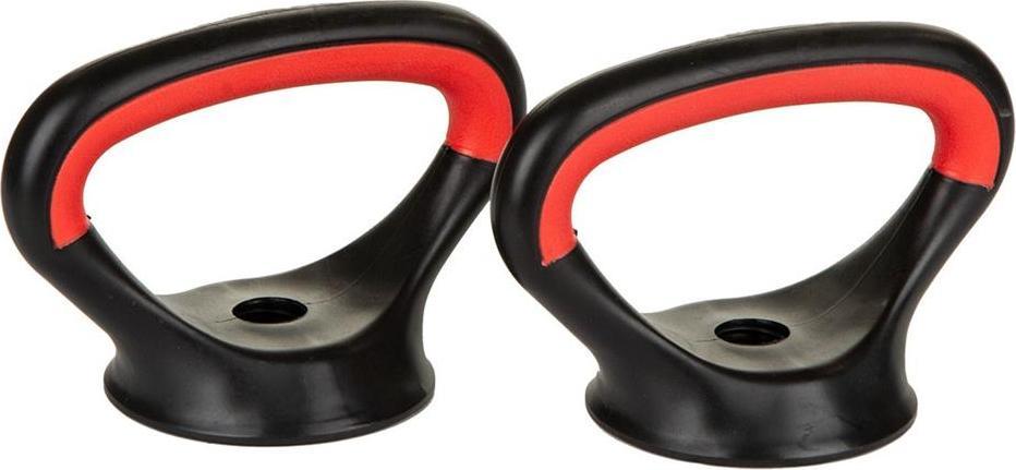 Manualer Sett med to svarte og røde håndtak i plast, rund base og ergonomisk grep, sett fra siden og ovenfra.