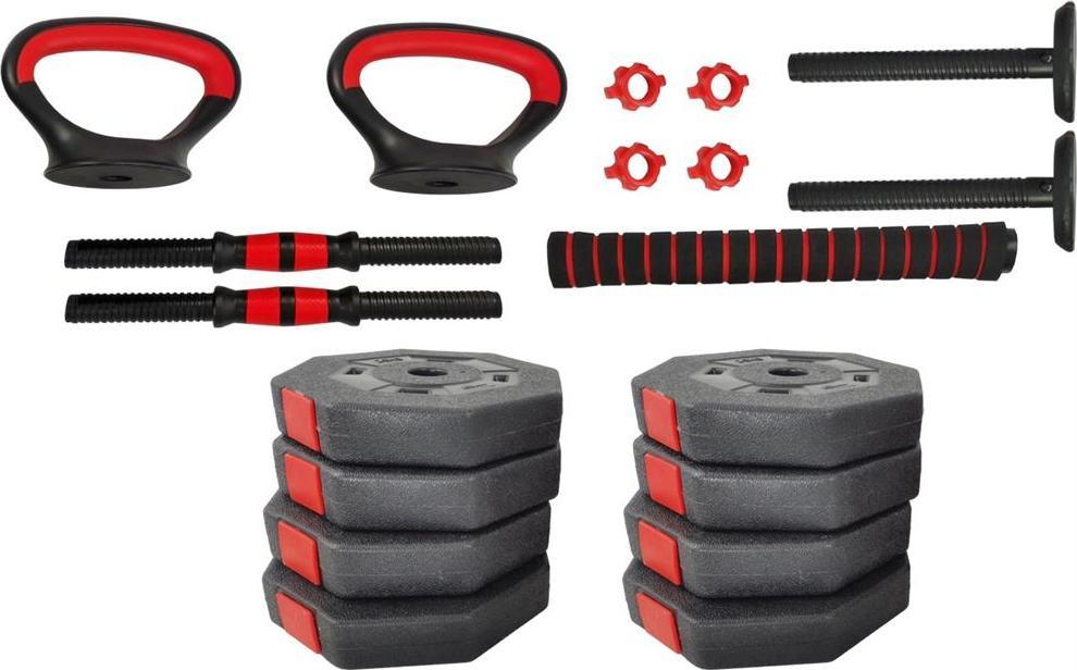 Manualer Sett med sorte og røde vektplater, manualstenger og låser, sett fra toppen på et lyst underlag.