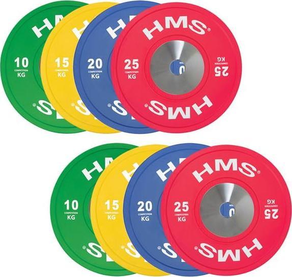 Vektskiver i grønn, gul, blå og rød med metallinnsats, to av hver, sett forfra med tydelig vektangivelse.