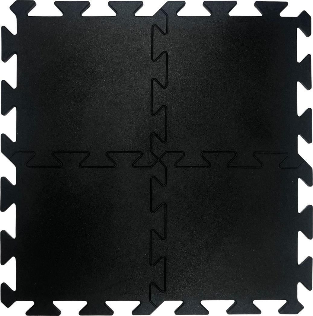 Treningsmatte bestående av fire sammenkoblede svarte gummiplater med puslespillkanter, sett ovenfra.