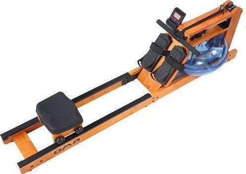 Romaskin Trening i eik med sort sete, blå vanntank, fotstøtter og LCD-display, sett skrått ovenfra.