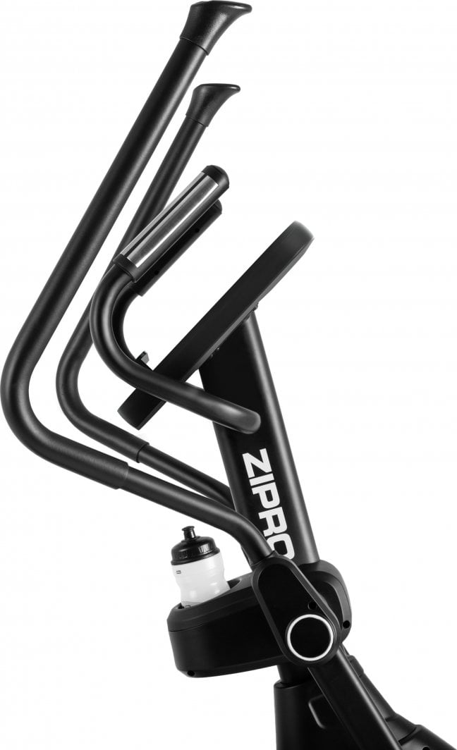 Ellipsemaskin med svarte håndtak, konsoll og flaskeholder, sett fra siden. ZIPRO-logo synlig på rammen.