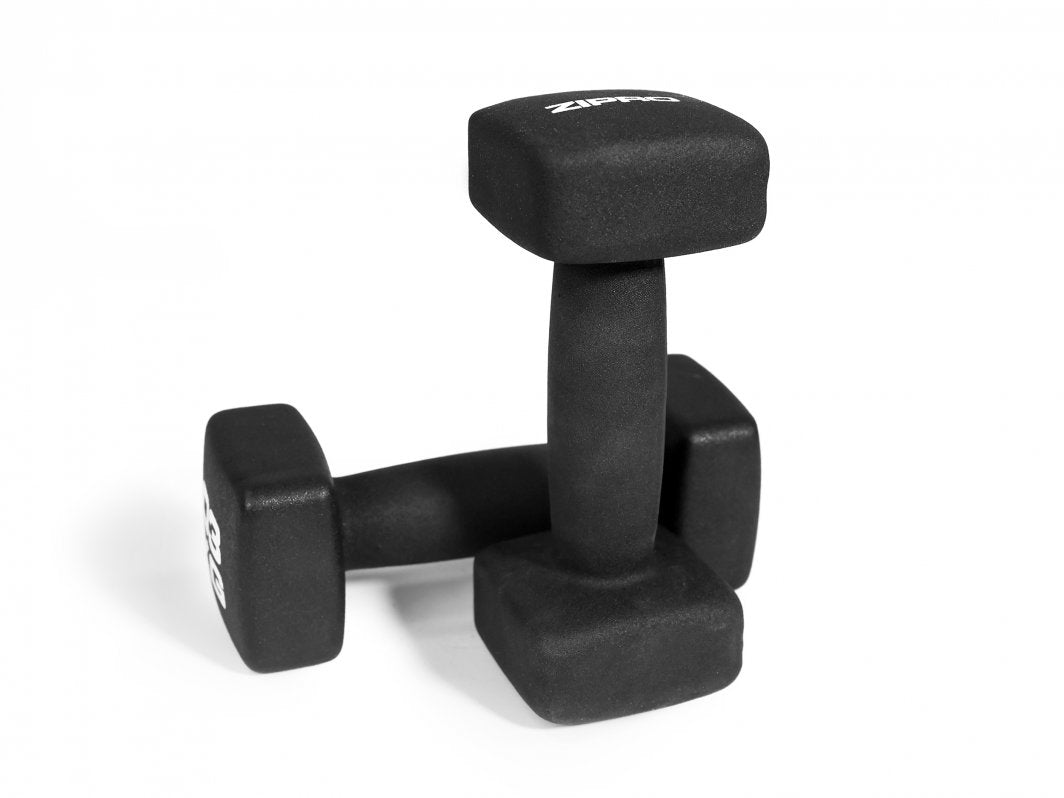 Manualer i neopren, sett med to blå hantler på 3 kg hver, ligger side om side mot hvit bakgrunn.