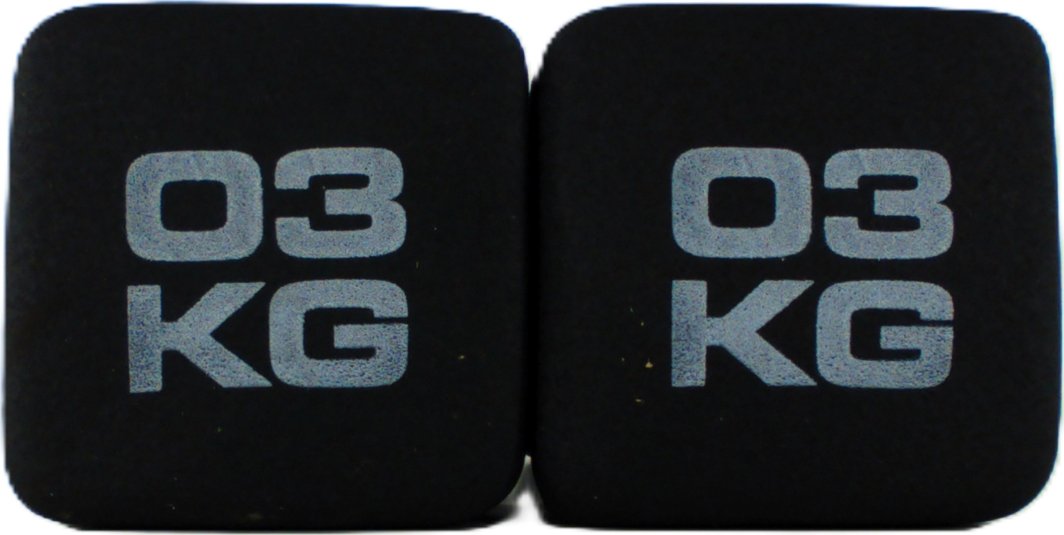Hantler i sort neopren med avrundede kanter, 03 KG trykket i grått på toppen, sett ovenfra.