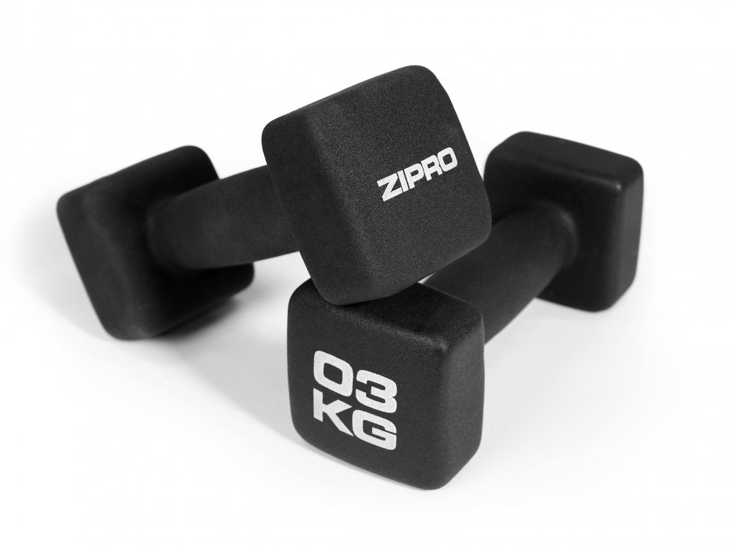 Hantler i svart neopren med firkantede ender, påskrift "ZIPRO" og "03 KG", vist fra skrå vinkel.
