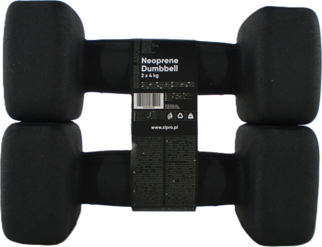 Håndmanualer i svart neopren med firkantede ender, sett fra toppen, emballert med produktinfo rundt håndtakene.