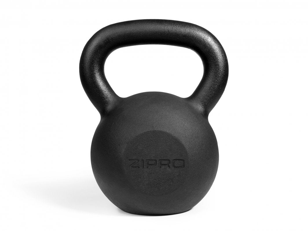 Kettlebells 8 kg i sort støpejern, matt overflate, synlig Zipro-logo foran, sett forfra.