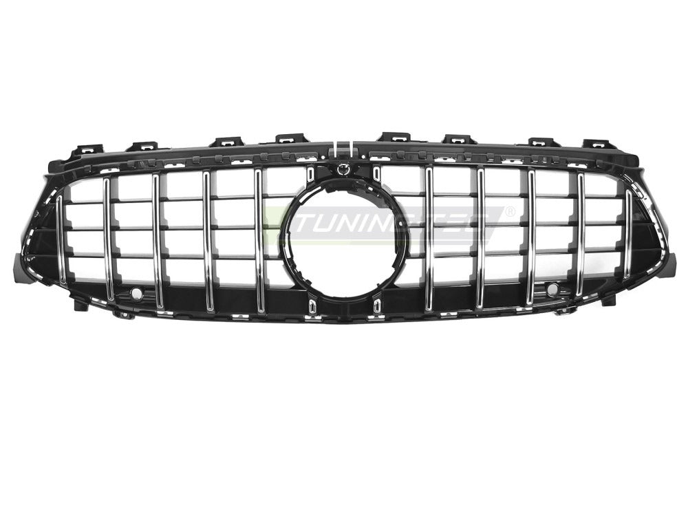 Detaljbilde av Grill Mercedes CLA W118 23-25 sort/krom med lamellstruktur og emblemfeste.