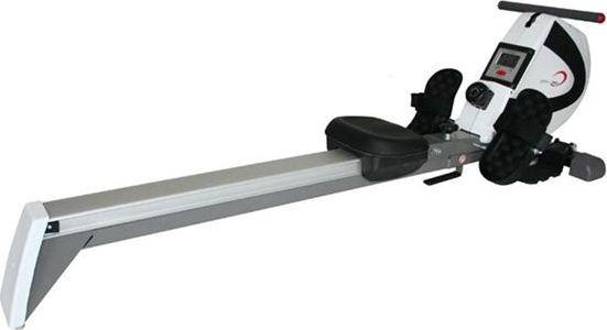 Romaskin i grått og svart sett fra siden, med sete på skinne, fotstøtter, håndtak og digitalt display foran.