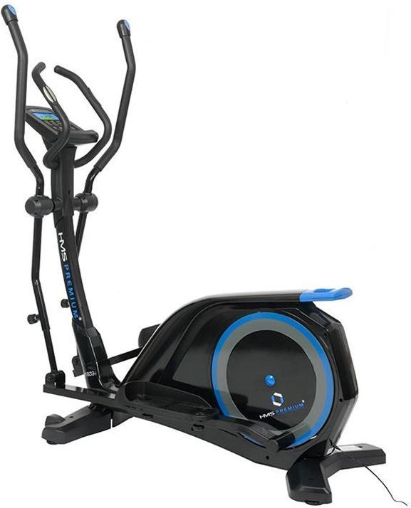 Ellipsemaskin sort med blå detaljer, sett fra siden. Håndtak, display og fotplater i metall og plast vises tydelig.