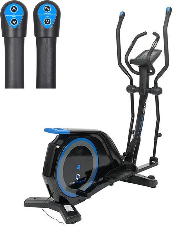 Orbitrek ellipsemaskin i svart med blå detaljer, store pedaler og kontrollknapper på håndtakene vises tydelig.