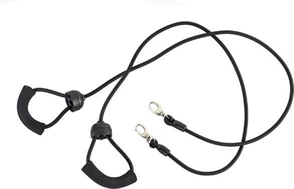 Stepmaskin elastisk treningsbånd i svart gummi med håndtak og metallkroker, sett ovenfra mot hvit bakgrunn.