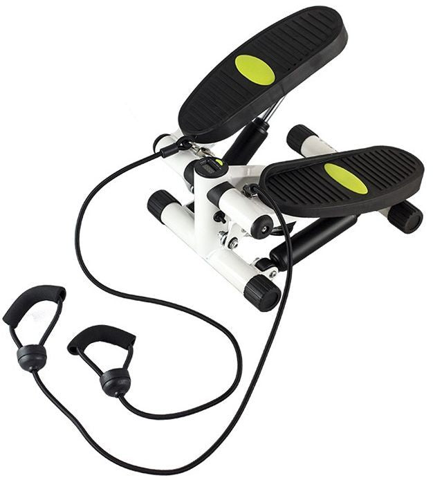 Stepmaskin med to sorte fotplater med gule detaljer, hvit og sort ramme og to treningsstrikker med håndtak.